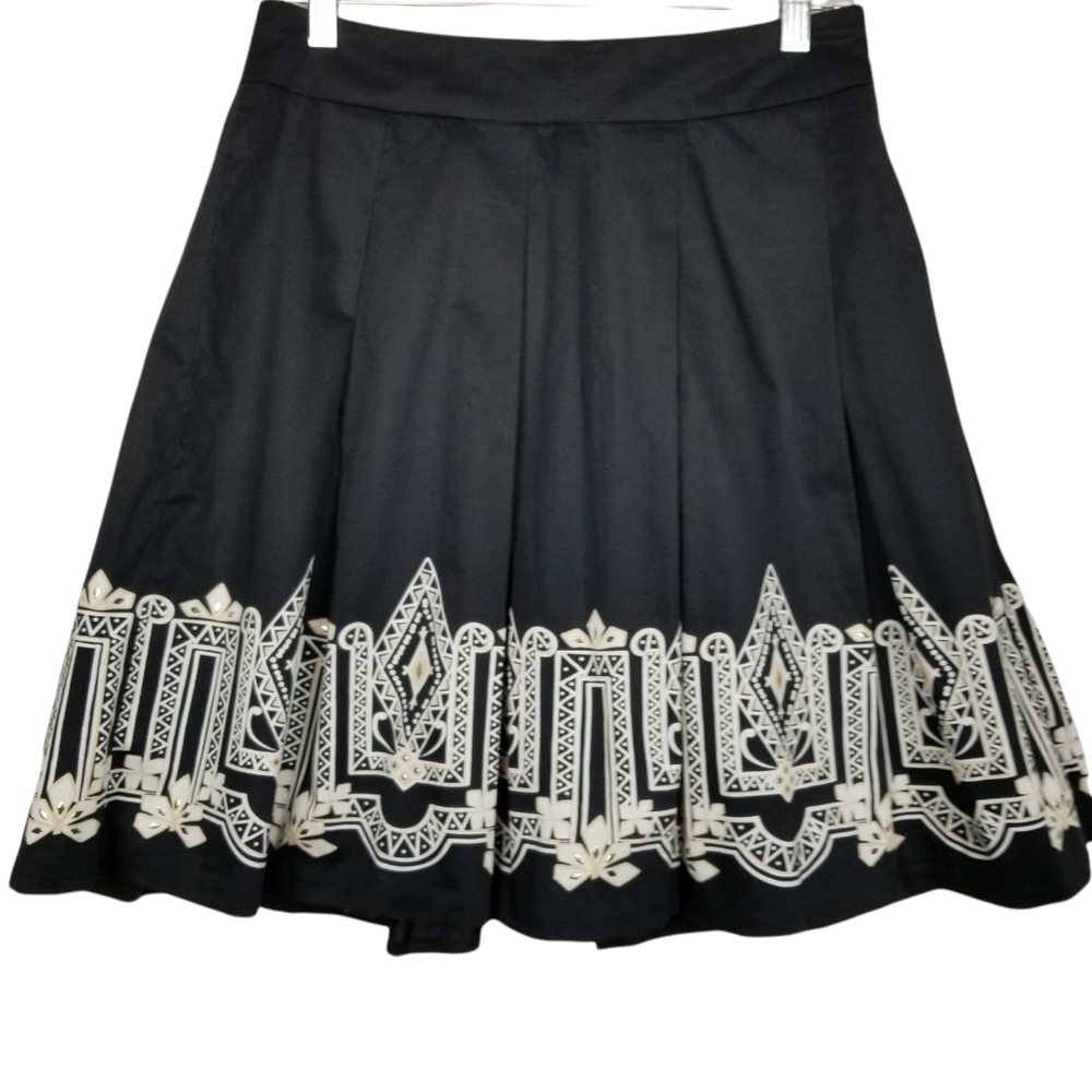 WHBM Black White Gold Art Deco Geometric Pleated Circle Skirt Size 4